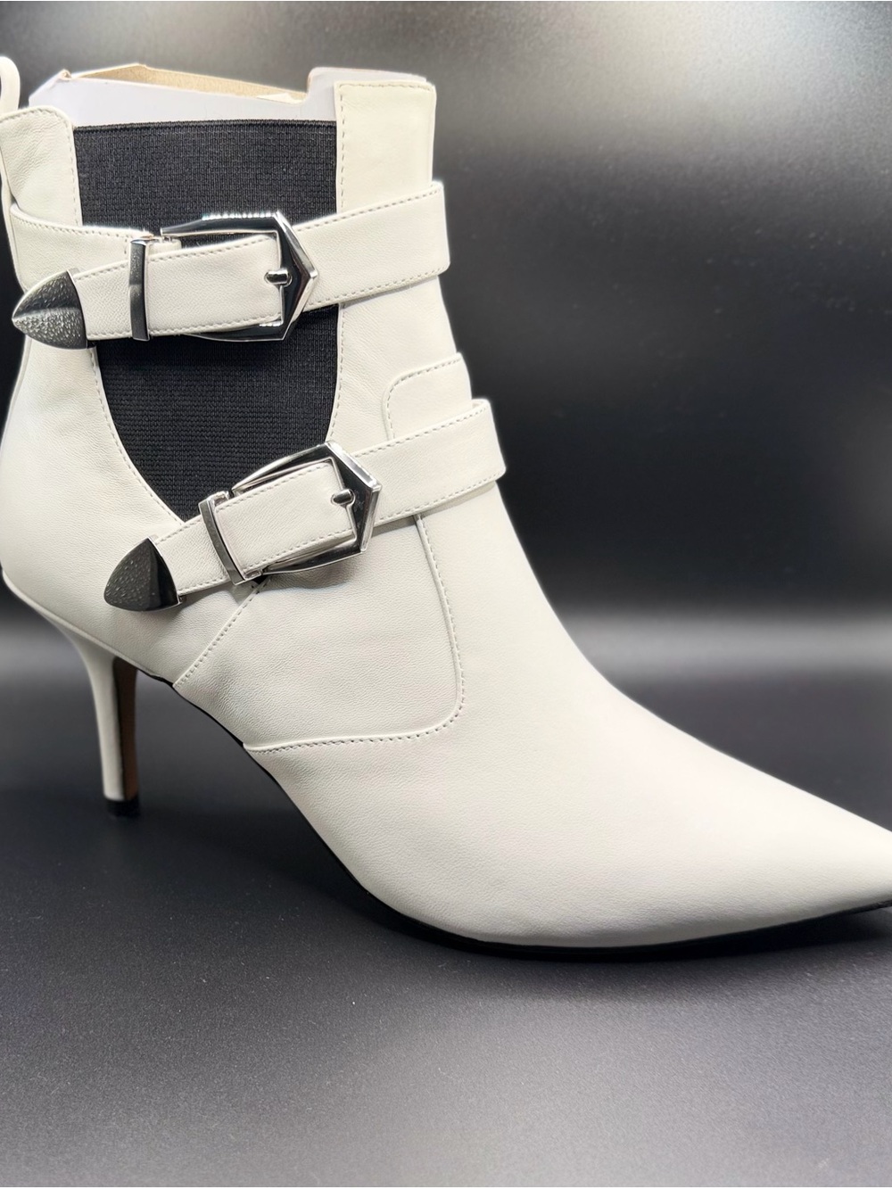 Paolo White Pointed Ankle Boot with Buckle Straps